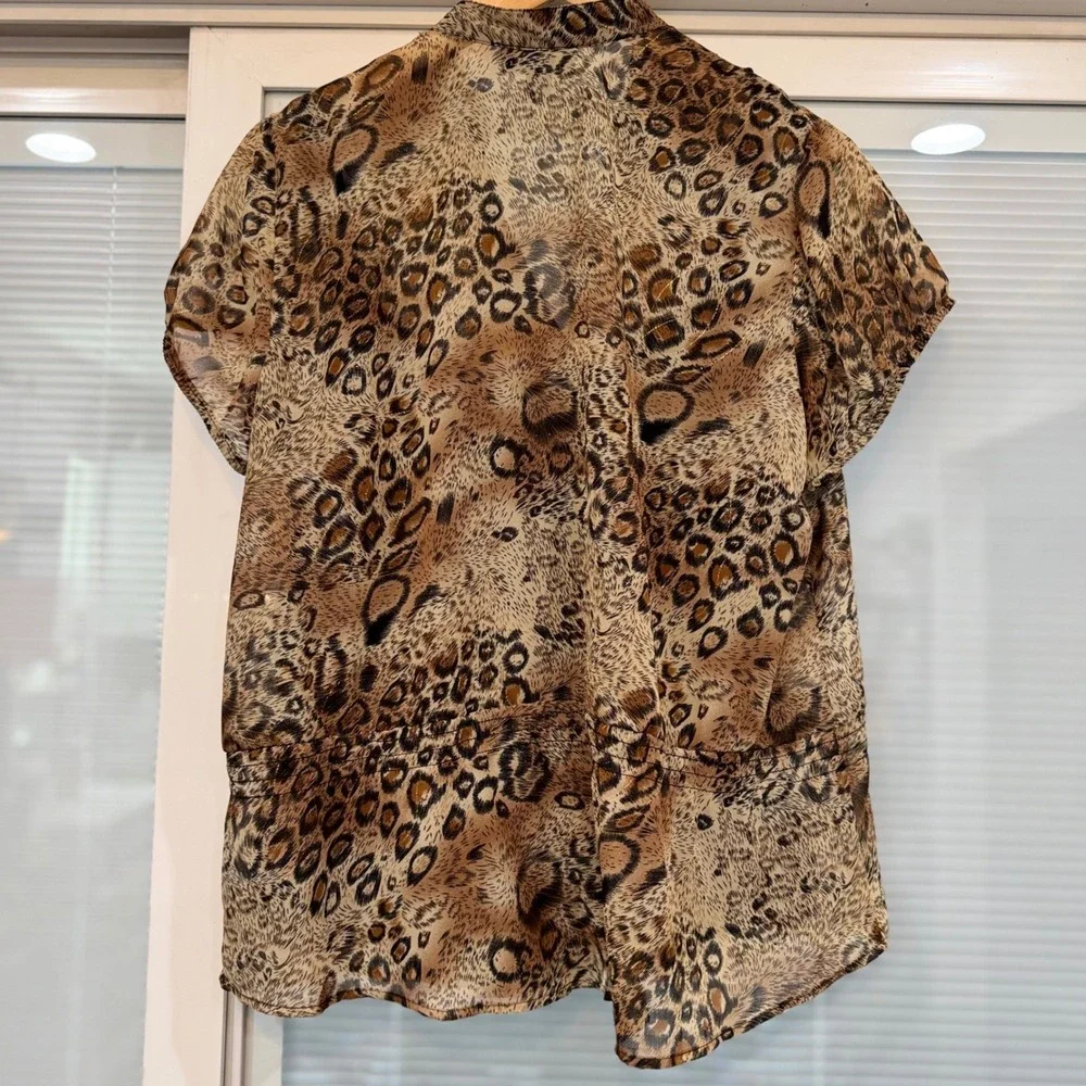Y2K AB Studio Womens XL Leopard Print Ruffle V-Neck Blouse Metallic Gold Accents - Picture 9 of 10